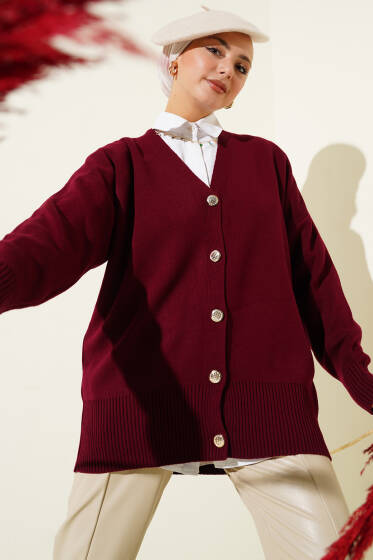 Gold Düğmeli V Yaka Triko Hırka Bordo - Hırka