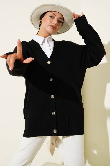 Gold Düğmeli V Yaka Triko Hırka Siyah - Hırka