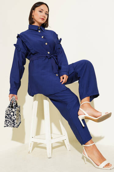 Gold Düğmeli Yaka Fırfırlı İkili Takım Lacivert - İkili Takım