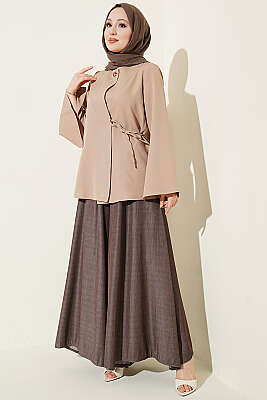 Gold Düğmeli Yan Bağlamalı Kimono Bej - Dış Giyim&Mont