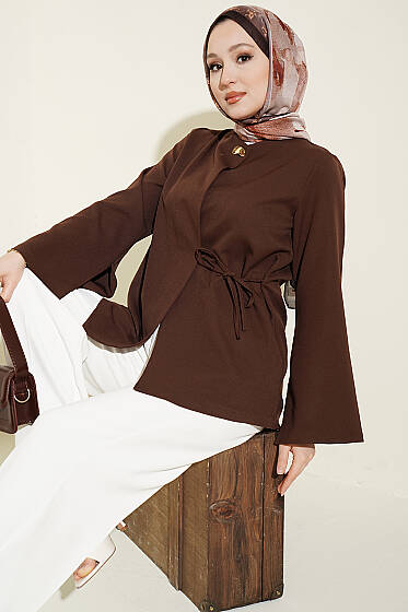 Gold Düğmeli Yan Bağlamalı Kimono Kahve - Dış Giyim&Mont