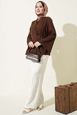 Gold Düğmeli Yan Bağlamalı Kimono Kahve - Dış Giyim&Mont