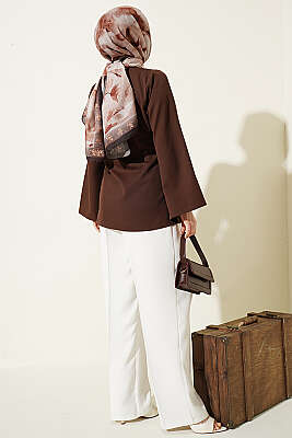 Gold Düğmeli Yan Bağlamalı Kimono Kahve - Dış Giyim&Mont