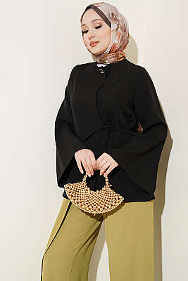 Gold Düğmeli Yan Bağlamalı Kimono Siyah - BERAT TEKSTİL