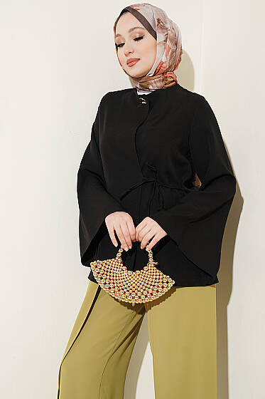 Gold Düğmeli Yan Bağlamalı Kimono Siyah - Dış Giyim&Mont