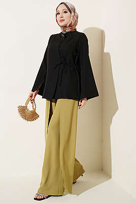 Gold Düğmeli Yan Bağlamalı Kimono Siyah - Dış Giyim&Mont