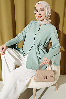 Gold Düğmeli Yan Bağlamalı Kimono Su Yeşili - BERAT TEKSTİL