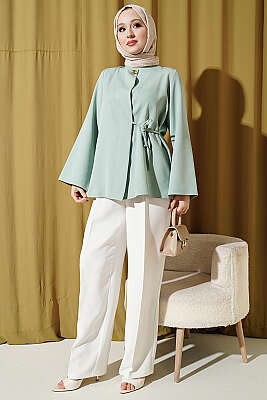 Gold Düğmeli Yan Bağlamalı Kimono Su Yeşili - Dış Giyim&Mont