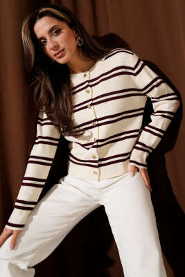 Gold Düğmeli Yan Çizgili Triko Hırka Bej Bordo - EŞOFMAN TAKIM