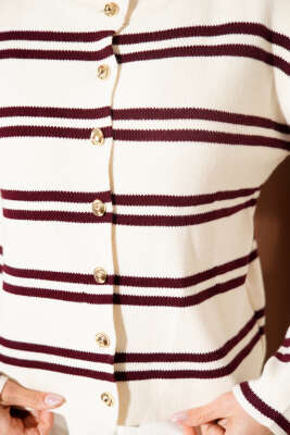 Gold Düğmeli Yan Çizgili Triko Hırka Bej Bordo - EŞOFMAN TAKIM