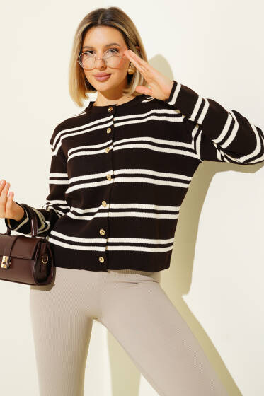 Gold Düğmeli Yan Çizgili Triko Hırka Kahve Bej - Kadın Giyim Modelleri