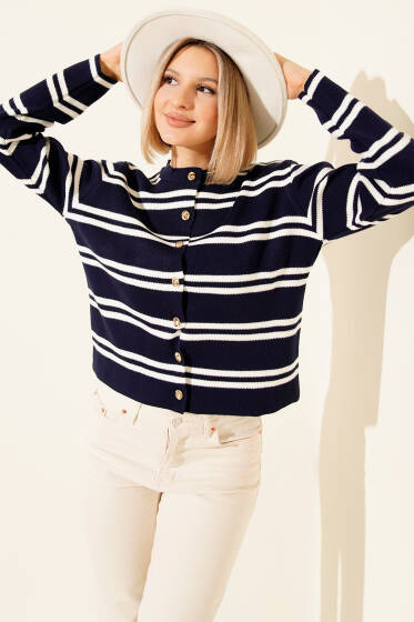 Gold Düğmeli Yan Çizgili Triko Hırka Lacivert - Kadın Giyim Modelleri