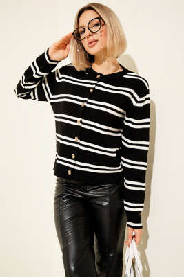 Gold Düğmeli Yan Çizgili Triko Hırka Siyah 