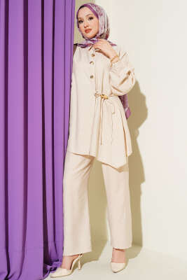 Gold Düğmeli Yan İp Bağcıklı İkili Takım Bej 