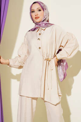 Gold Düğmeli Yan İp Bağcıklı İkili Takım Bej - İkili Takım