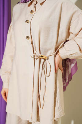 Gold Düğmeli Yan İp Bağcıklı İkili Takım Bej - İkili Takım