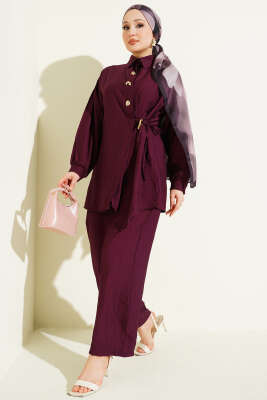 Gold Düğmeli Yan İp Bağcıklı İkili Takım Burgonya - NESSİA