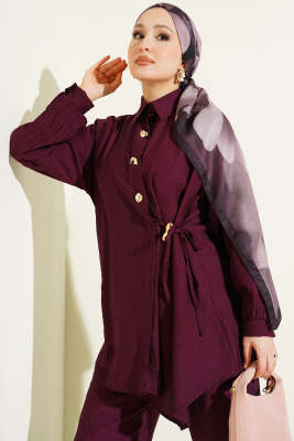 Gold Düğmeli Yan İp Bağcıklı İkili Takım Burgonya - İkili Takım