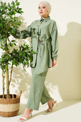Gold Düğmeli Yan İp Bağcıklı İkili Takım Çağla Yeşili - NESSİA