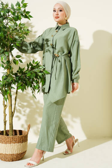 Gold Düğmeli Yan İp Bağcıklı İkili Takım Çağla Yeşili - İkili Takım