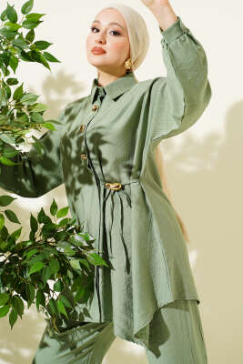 Gold Düğmeli Yan İp Bağcıklı İkili Takım Çağla Yeşili - İkili Takım