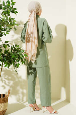 Gold Düğmeli Yan İp Bağcıklı İkili Takım Çağla Yeşili - İkili Takım