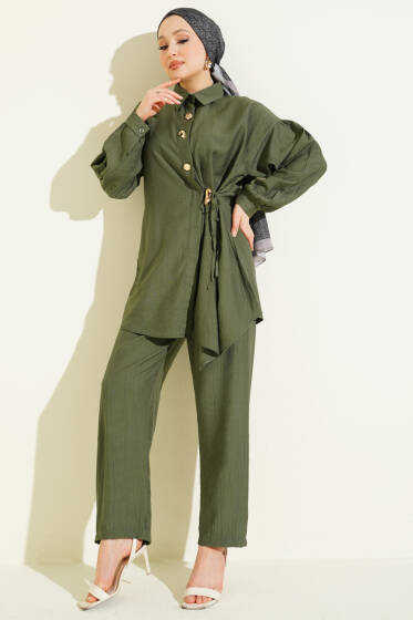 Gold Düğmeli Yan İp Bağcıklı İkili Takım Haki - İkili Takım