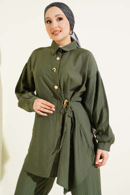 Gold Düğmeli Yan İp Bağcıklı İkili Takım Haki - İkili Takım