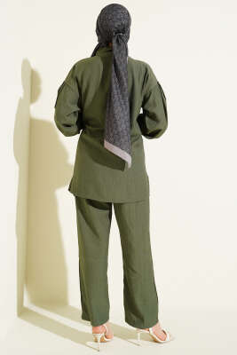 Gold Düğmeli Yan İp Bağcıklı İkili Takım Haki - İkili Takım