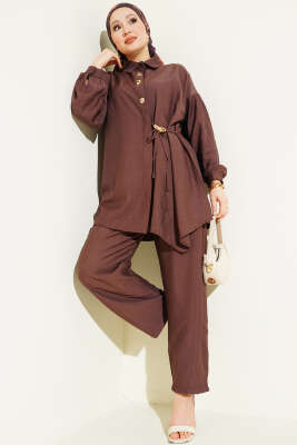 Gold Düğmeli Yan İp Bağcıklı İkili Takım Kahve - NESSİA