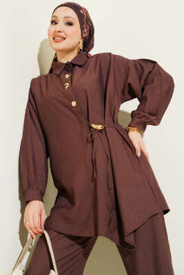 Gold Düğmeli Yan İp Bağcıklı İkili Takım Kahve - İkili Takım