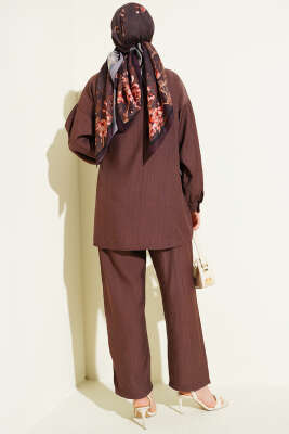 Gold Düğmeli Yan İp Bağcıklı İkili Takım Kahve - İkili Takım