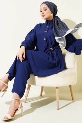 Gold Düğmeli Yan İp Bağcıklı İkili Takım Lacivert - NESSİA