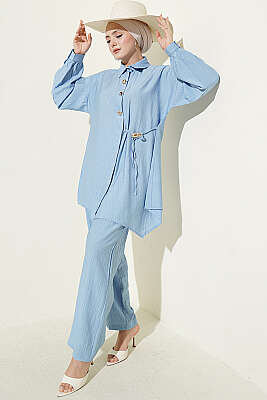 Gold Düğmeli Yan İp Bağcıklı İkili Takım Mavi - NESSİA