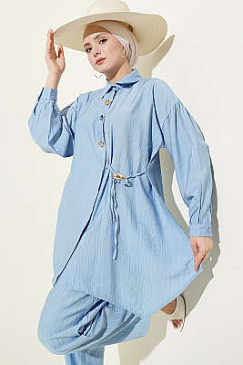 Gold Düğmeli Yan İp Bağcıklı İkili Takım Mavi - İkili Takım