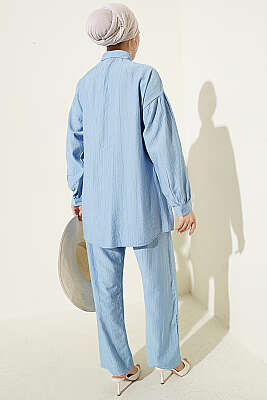 Gold Düğmeli Yan İp Bağcıklı İkili Takım Mavi - İkili Takım