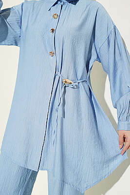 Gold Düğmeli Yan İp Bağcıklı İkili Takım Mavi - İkili Takım