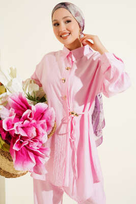 Gold Düğmeli Yan İp Bağcıklı İkili Takım Pembe - NESSİA