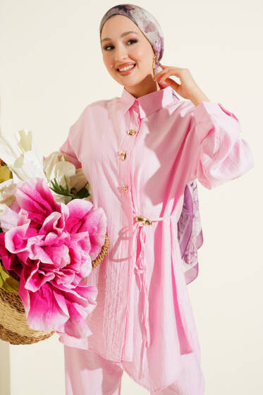 Gold Düğmeli Yan İp Bağcıklı İkili Takım Pembe - İkili Takım