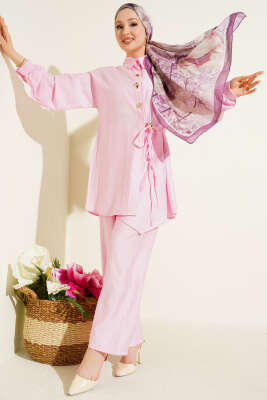 Gold Düğmeli Yan İp Bağcıklı İkili Takım Pembe - İkili Takım