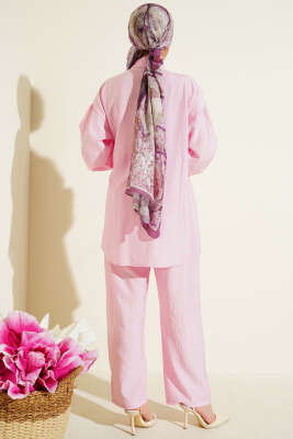 Gold Düğmeli Yan İp Bağcıklı İkili Takım Pembe - İkili Takım