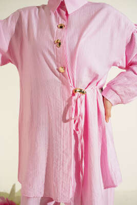 Gold Düğmeli Yan İp Bağcıklı İkili Takım Pembe - İkili Takım