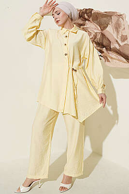 Gold Düğmeli Yan İp Bağcıklı İkili Takım Sarı - NESSİA