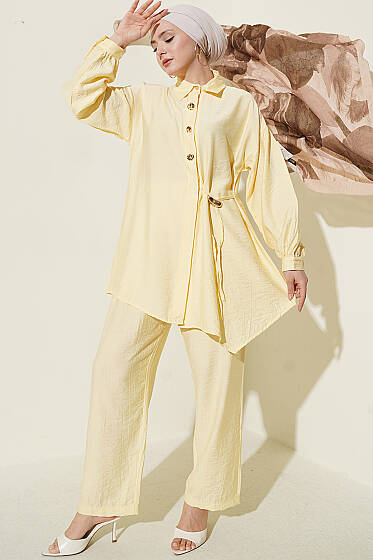 Gold Düğmeli Yan İp Bağcıklı İkili Takım Sarı - İkili Takım