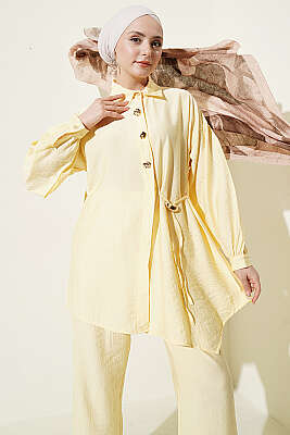 Gold Düğmeli Yan İp Bağcıklı İkili Takım Sarı - İkili Takım