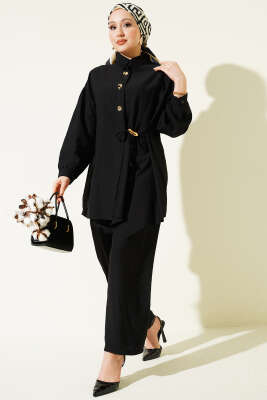 Gold Düğmeli Yan İp Bağcıklı İkili Takım Siyah - NESSİA