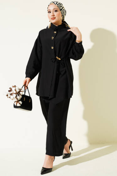 Gold Düğmeli Yan İp Bağcıklı İkili Takım Siyah - İkili Takım