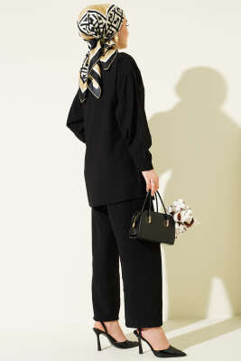 Gold Düğmeli Yan İp Bağcıklı İkili Takım Siyah - İkili Takım