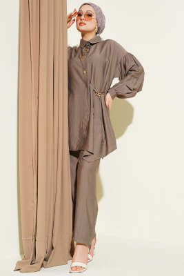 Gold Düğmeli Yan İp Bağcıklı İkili Takım Vizon - NESSİA