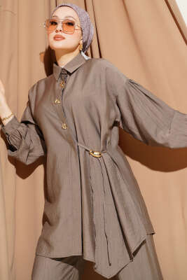 Gold Düğmeli Yan İp Bağcıklı İkili Takım Vizon - İkili Takım